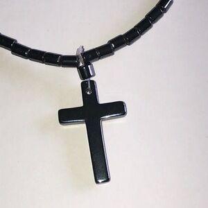 Black Metallic Hematite Beaded Boho Cross Necklace